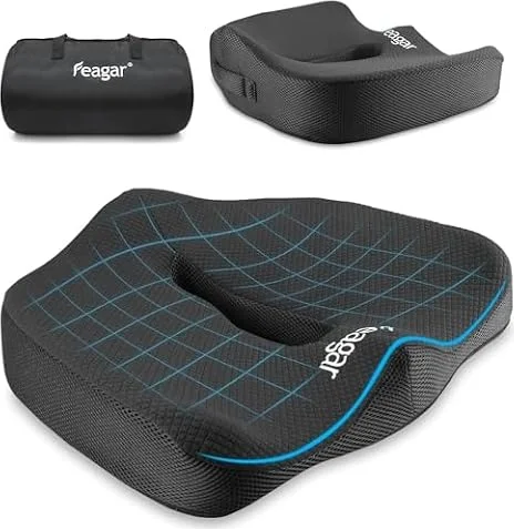 Feagar Cuscino per Sedile in Memory Foam per Coccige e Supporto Lombare | Allevia la sciatica. Ideale per sedia da ufficio, casa, auto e sedia a rotelle. Colore nero, comfort per lunghe sedute.
