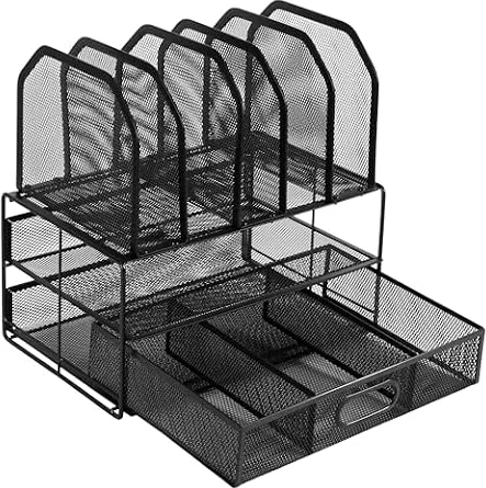 Amazon Basics Organizer da scrivania in rete con cassetto a scorrimento, due scomparti e 5 sezioni verticali, Nero