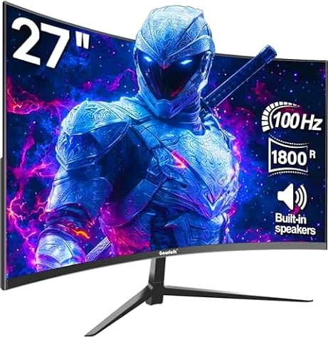 Gawfolk 27 Pollici 100Hz Curvo Gaming Monitor, Full HD 1080P da PC Schermo,Speaker Integrati Monitor 1800R Senza Cornice per Computer con FreeSync e Tecnologia Eye Care, Supporta VESA, HDMI, VGA