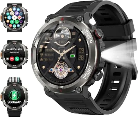 2026 Smartwatch Uomo 1,45", 960mAh Orologio Smartwatch con Chiamate Bluetooth 5.3, 120+ Modalità Sportive/IP68 Impermeabile/Torcia LED/Bussola/Cardiofrequenzimetro/SpO2, Compatibile con iOS/Android