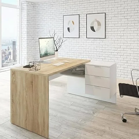 Dmora - Scrivania Greensboro, Scrittoio multifunzione reversibile da ufficio con cassettiera, Tavolo da studio o ufficio porta PC ad angolo, 145x108h73 cm, Rovere e Bianco