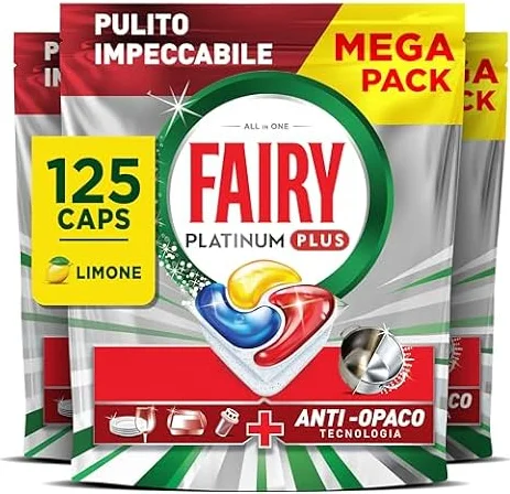 Fairy Platinum Plus Pastiglie Lavastoviglie Tutto in Uno, 125 Caps, Limone | Detersivo in Capsule, Stoviglie Brillanti, Rimuovi Grasso, Efficace nei Cicli Brevi al Primo Lavaggio, Anti-Opaco, Giga Pack