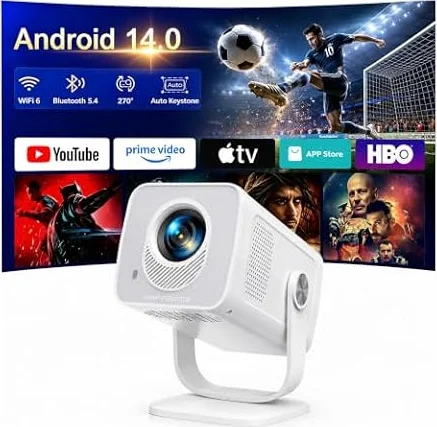 Proiettore [Android 14 & Ottica Corta]Proiettore Portatile Wi-Fi 6 Mini Projector Two-Way Bluetooth 5.4 Pot Rotazione Videoproiettore Controllabile Tramite App per Casa/HDMI/USB/Smartphone/All'aperto