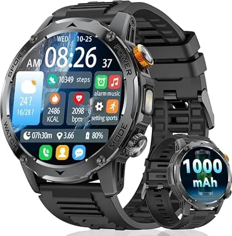 DREMAC Smartwatch Uomo Militare-1000 mAh Batteria/1,75'' HD Display,IP68 Impermeabile Smartwatch con Torcia,Fitness Tracker con Monitor Frequenza Cardiaca/Sonno,per Android iOS,2 Silicone Cinturini