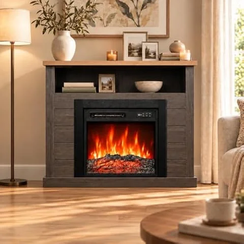 HOMAVO Camino Elettrico con Cornice, 900/1800 W, Grigio | 7 effetti fiamma, 5 velocità/luminosità, telecomando, timer e blocco bambini