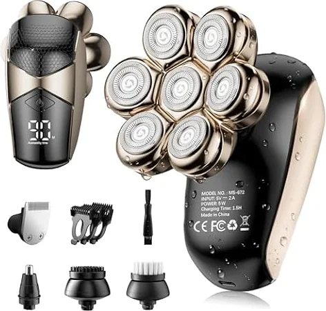 SHPAVVER ETHUP Rasoio elettrico da uomo: rasoio elettrico impermeabile IPX7 per uomini calvi, rasoio rotante 7D con display a LED, set da barba ricaricabile USB C 5 in 1