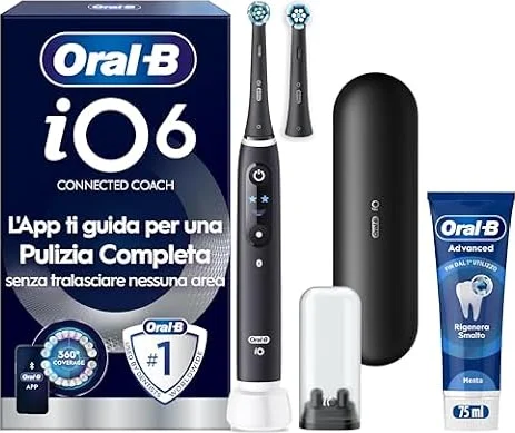 Oral-B iO 6 Spazzolino Elettrico, 2 Testine, Custodia, Dentifricio, Nero | 2 Testine di Ricambio per Spazzolino Elettrico, Ricaricabile, Custodia + 1 Dentifricio Advanced Rigenera Smalto