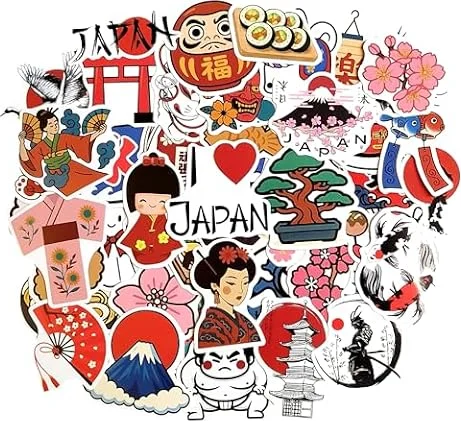 Set Adesivi Giappone Vinile Sakura Monte Fuji Torii Lanterna Onda Cibo Adesivi Tradizionali Giapponesi Estetica per Notebook Laptop Borraccia Diario Scrapbook Decorazione